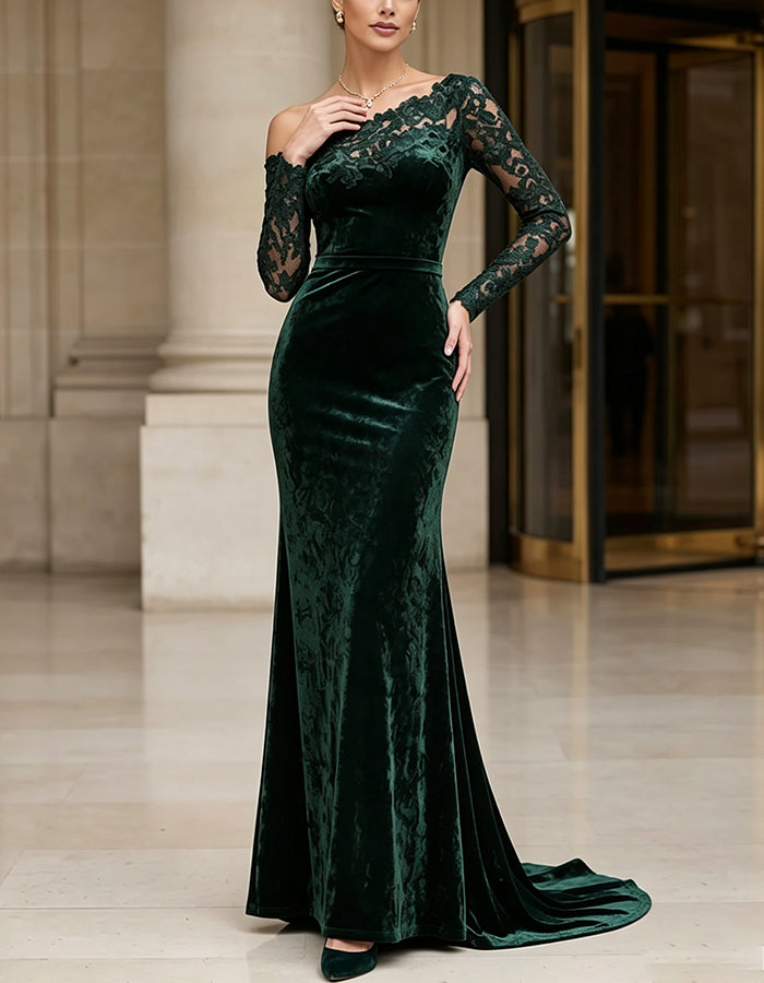 Waldgrünes Samt-Maxikleid mit Spitze, schulterfreiem Schnitt und langen Ärmeln