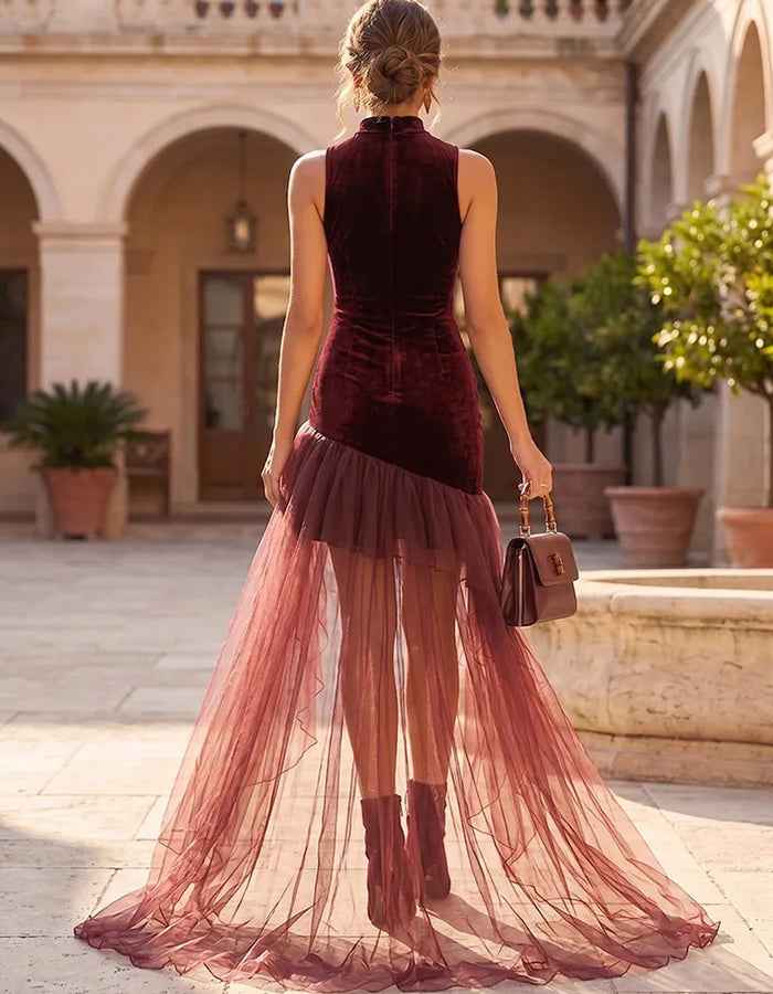 Burgundy Velvet Tulle High‑Neck High‑Low Midi Dress