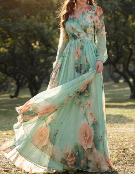 Maxikleid aus Chiffon mit Blumenprint, V-Ausschnitt, langen Ärmeln und A-Linien-Schnitt