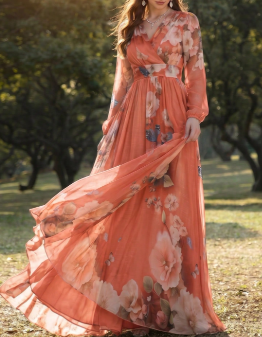 Vestido maxi evasé de chiffon com decote em V, padrão floral e mangas compridas
