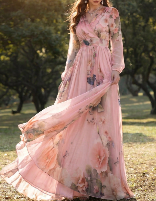 Maxikleid aus Chiffon mit Blumenprint, V-Ausschnitt, langen Ärmeln und A-Linien-Schnitt
