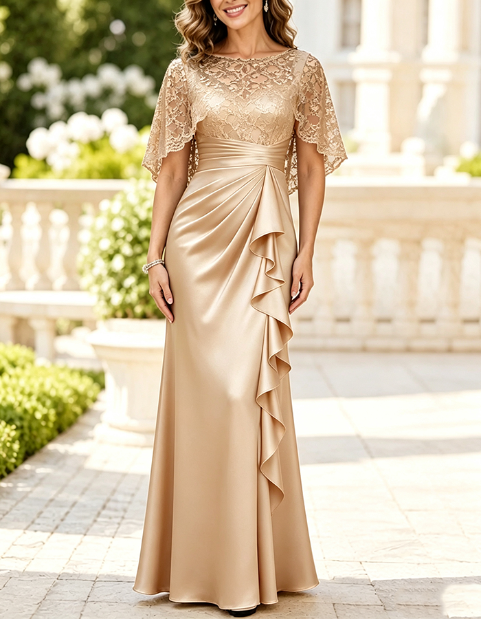 Forest Green Illusion Boat‑Neck Lace Cape‑Sleeve Satin Mermaid Maxi Dress