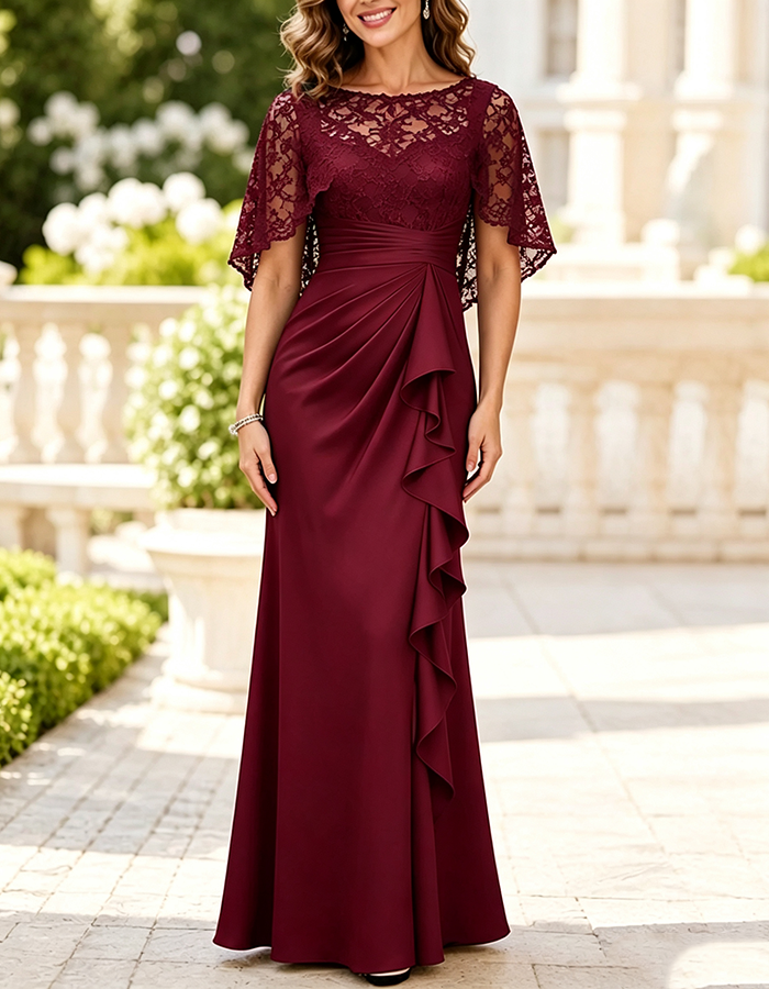 Forest Green Illusion Boat‑Neck Lace Cape‑Sleeve Satin Mermaid Maxi Dress