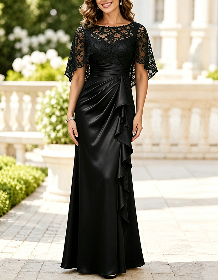 Forest Green Illusion Boat‑Neck Lace Cape‑Sleeve Satin Mermaid Maxi Dress