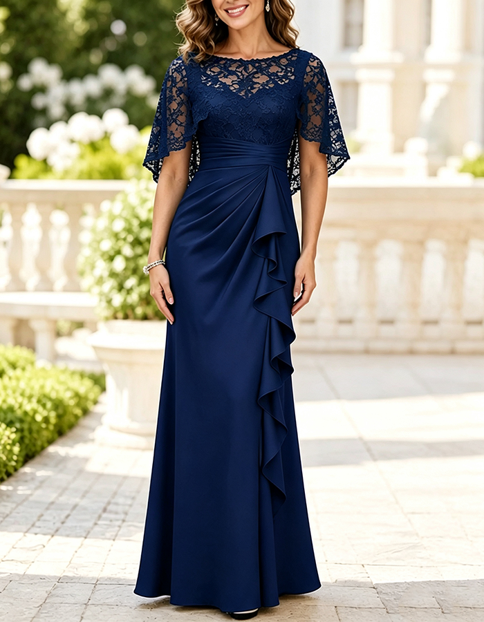 Forest Green Illusion Boat‑Neck Lace Cape‑Sleeve Satin Mermaid Maxi Dress