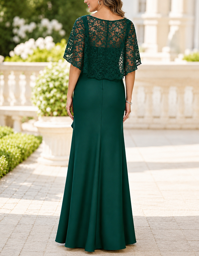 Forest Green Illusion Boat‑Neck Lace Cape‑Sleeve Satin Mermaid Maxi Dress