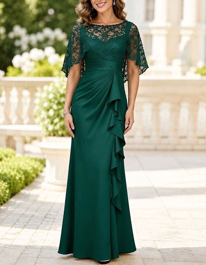 Forest Green Illusion Boat‑Neck Lace Cape‑Sleeve Satin Mermaid Maxi Dress