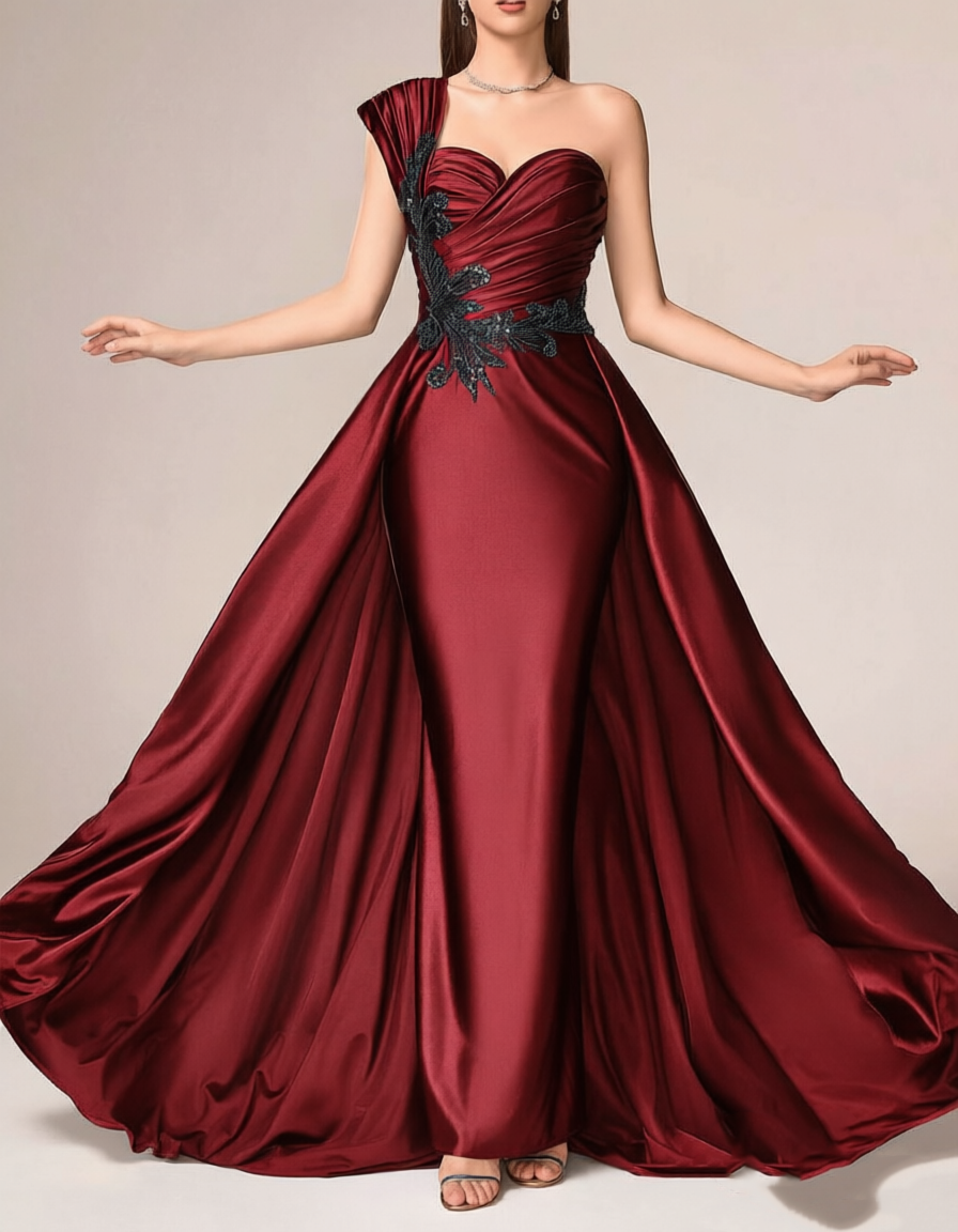 Abito maxi a trapezio in raso con pizzo ricamato e spalla unica