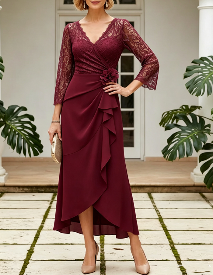 Lace 3/4 Sleeve Ruffled Waist Midi Dress