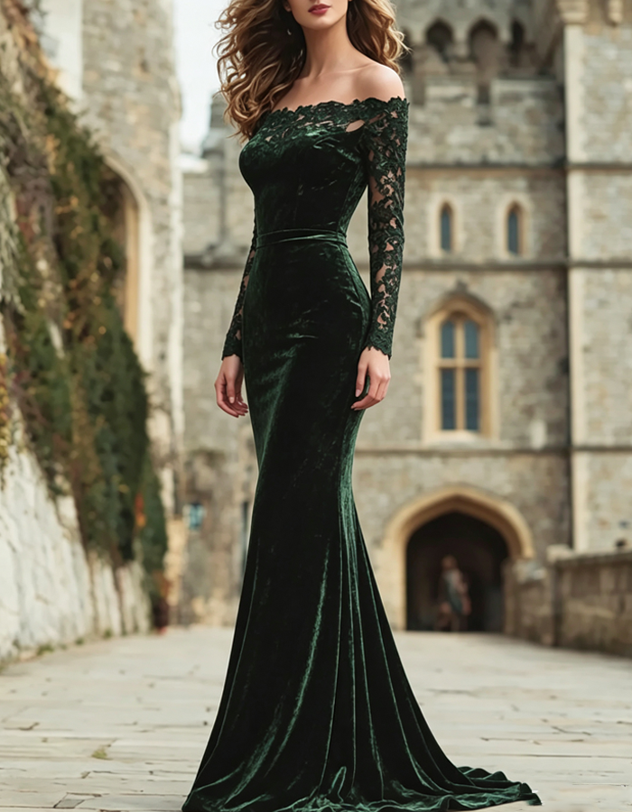Emerald Green Off‑the‑Shoulder Velvet Lace Maxi Dress