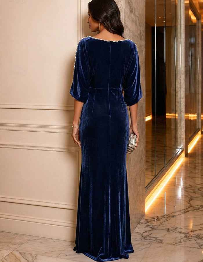Velvet V‑Neck Pearl Trim Batwing Sleeve High Waist Maxi Dress
