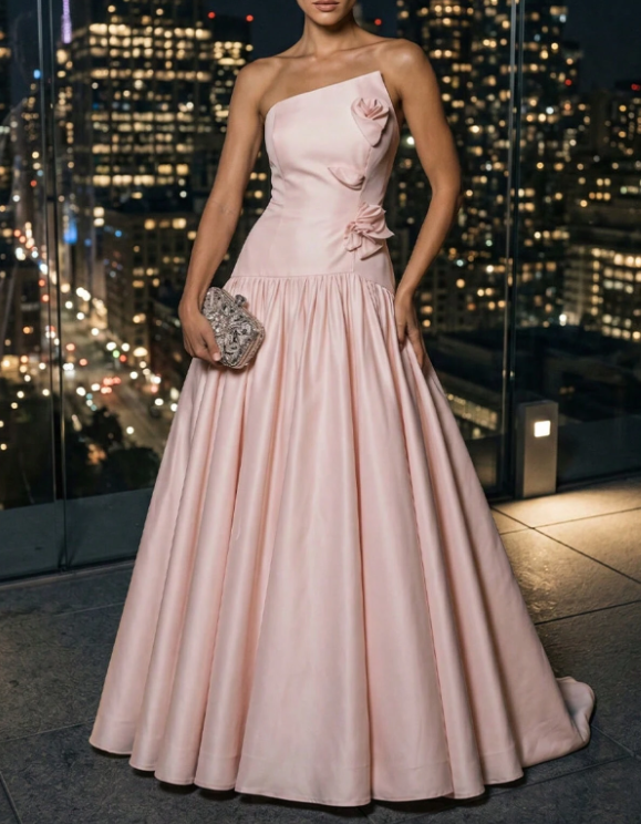 Satijnen strapless maxi-jurk met 3D-bloemen en A-lijn-snit