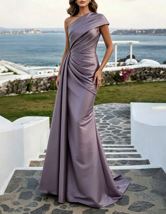 One-Shoulder-Satin-Drapiertes-Meerjungfrauen-Maxikleid