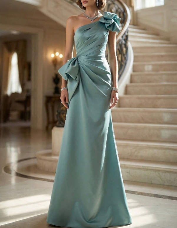 Tailliertes Satin-Maxi-Kleid im Meerjungfrauen-Stil mit One-Shoulder-Träger und 3D-Blumenmuster