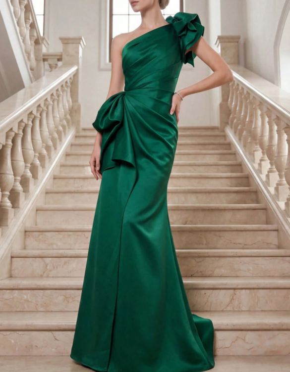 Tailliertes Satin-Maxi-Kleid im Meerjungfrauen-Stil mit One-Shoulder-Träger und 3D-Blumenmuster