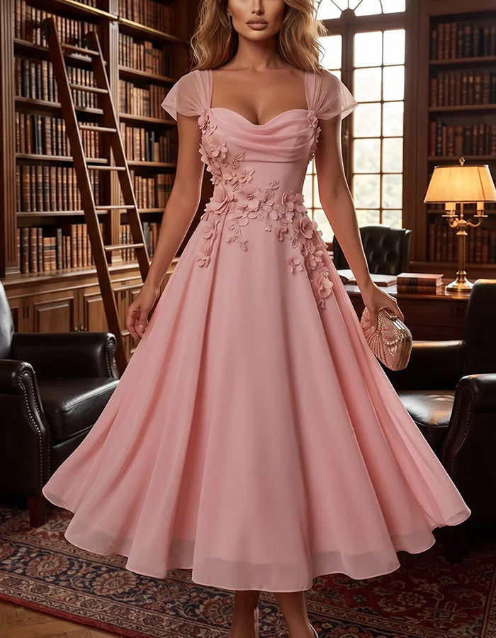 Rosa Chiffon-Midikleid in A-Linie mit 3D-Blumen und kurzen Ärmeln