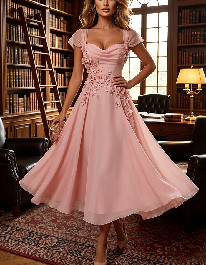 Rosa Chiffon-Midikleid in A-Linie mit 3D-Blumen und kurzen Ärmeln