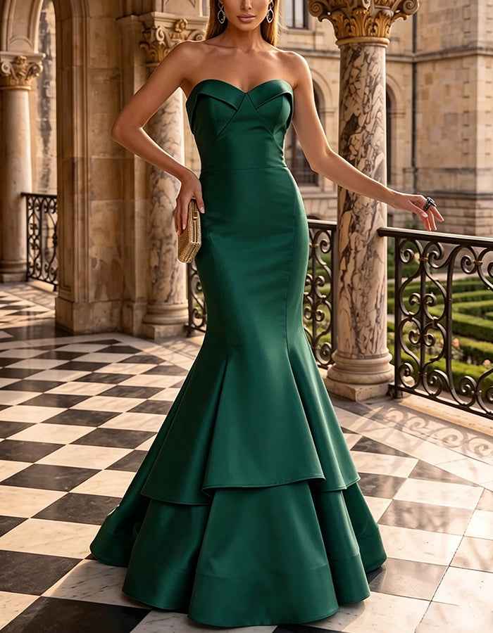 Satin Strapless Folded Sweetheart Neck Tiered Ruffle Mermaid Maxi Dress