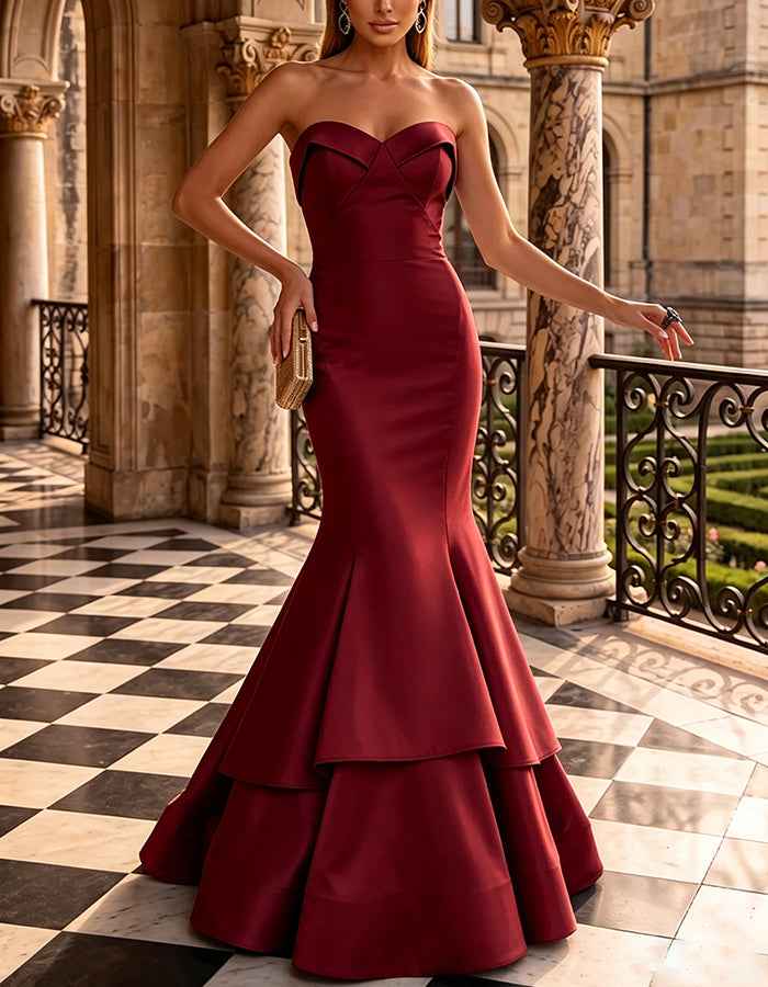 Satin Strapless Folded Sweetheart Neck Tiered Ruffle Mermaid Maxi Dress