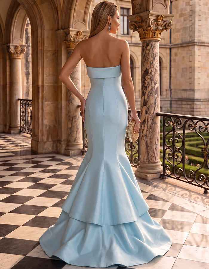 Satin Strapless Folded Sweetheart Neck Tiered Ruffle Mermaid Maxi Dress