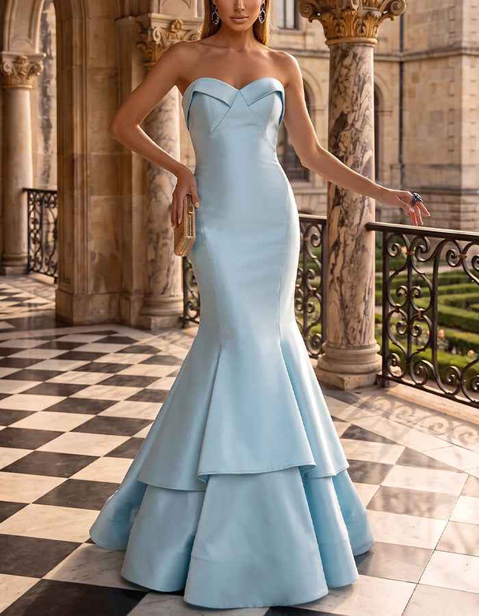 Satin Strapless Folded Sweetheart Neck Tiered Ruffle Mermaid Maxi Dress