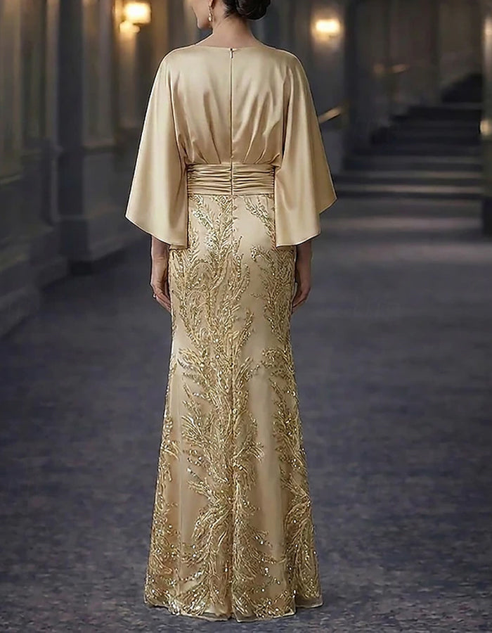 Maxi-jurk met pailletten, effen kleur, satijnen sjaalstijl