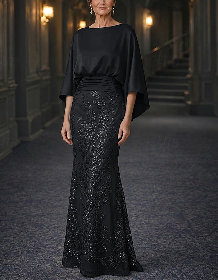 Maxi-jurk met pailletten, effen kleur, satijnen sjaalstijl