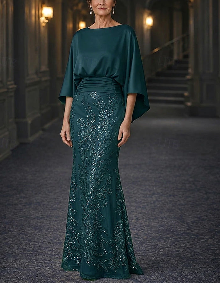 Maxi-jurk met pailletten, effen kleur, satijnen sjaalstijl