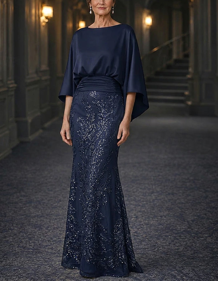 Maxi-jurk met pailletten, effen kleur, satijnen sjaalstijl