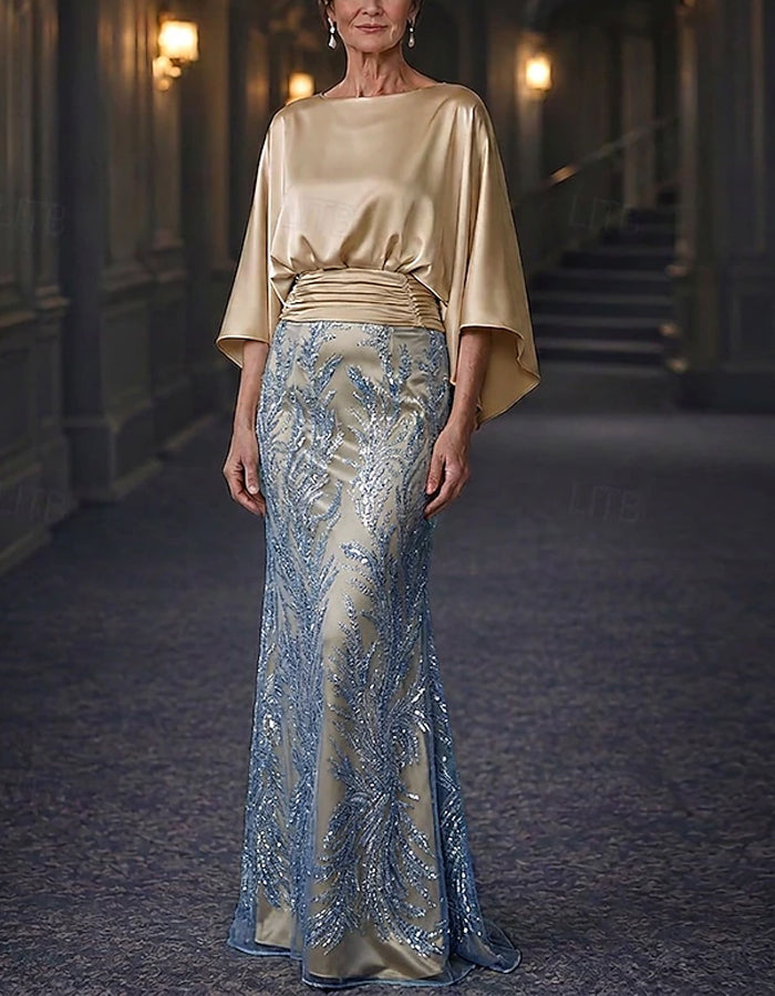 Maxi-jurk met pailletten, effen kleur, satijnen sjaalstijl