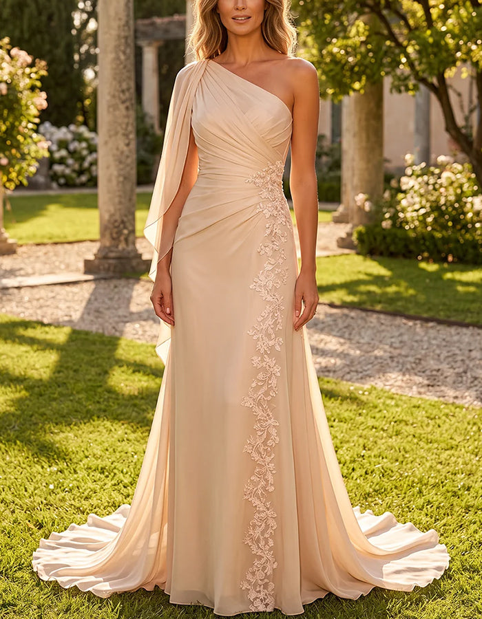 Chiffon One‑Shoulder Draped Sash Lace Applique Maxi Dress
