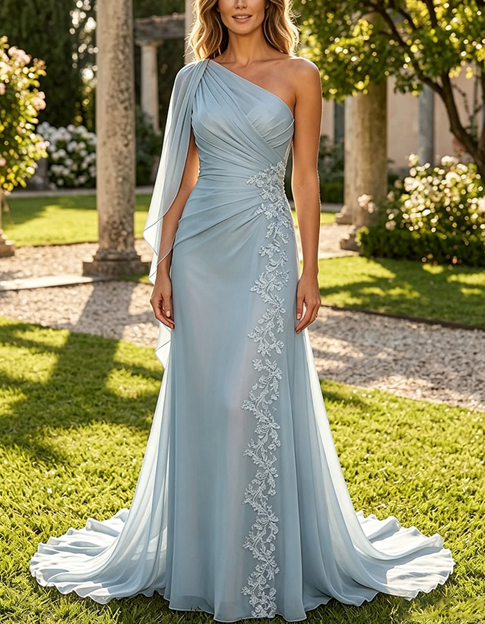 Chiffon One‑Shoulder Draped Sash Lace Applique Maxi Dress