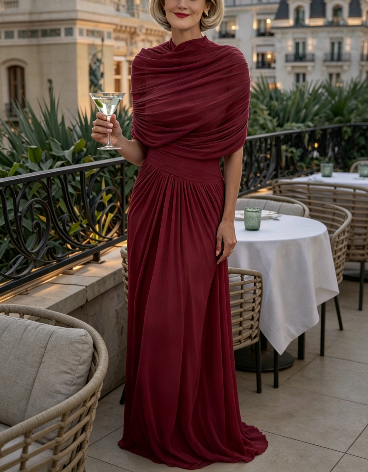 Rochie maxi elegantă în linie A, din șifon stratificat, cu efect drapat și guler înalt