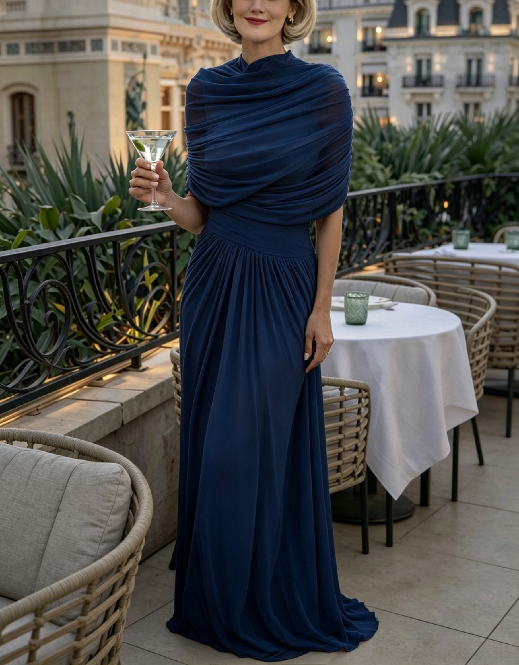 Rochie maxi elegantă în linie A, din șifon stratificat, cu efect drapat și guler înalt