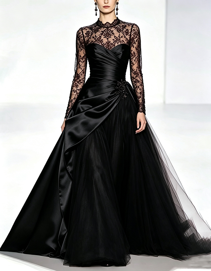 Vestido maxi de corte A em cetim e tule, cor de vinho, com gola subida, mangas compridas em renda, efeito envelope e franzido