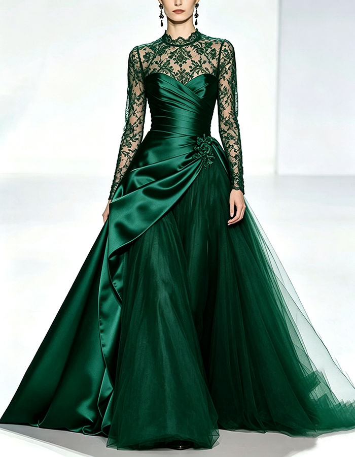 Vestido maxi de corte A em cetim e tule, cor de vinho, com gola subida, mangas compridas em renda, efeito envelope e franzido