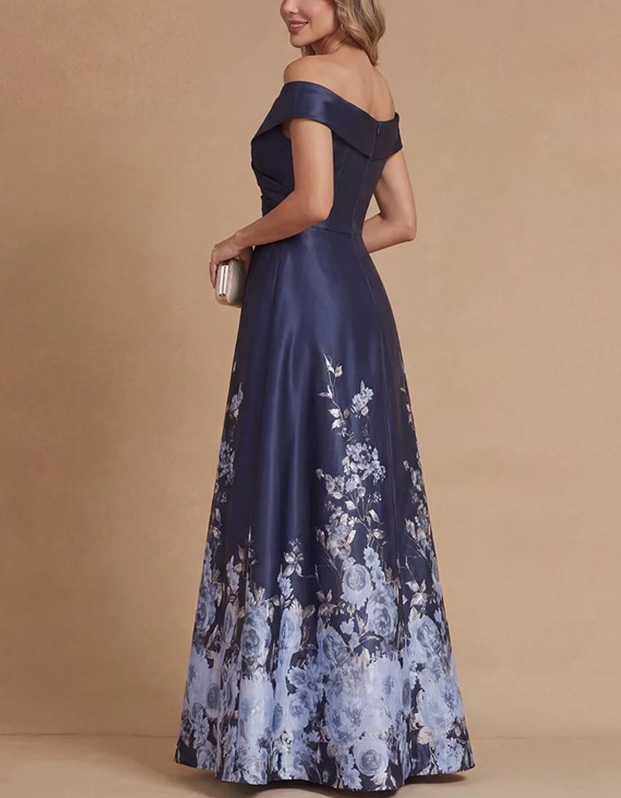 Navy Satin Off‑the‑Shoulder Evening Gown With Watercolor Floral Print Maxi Dress