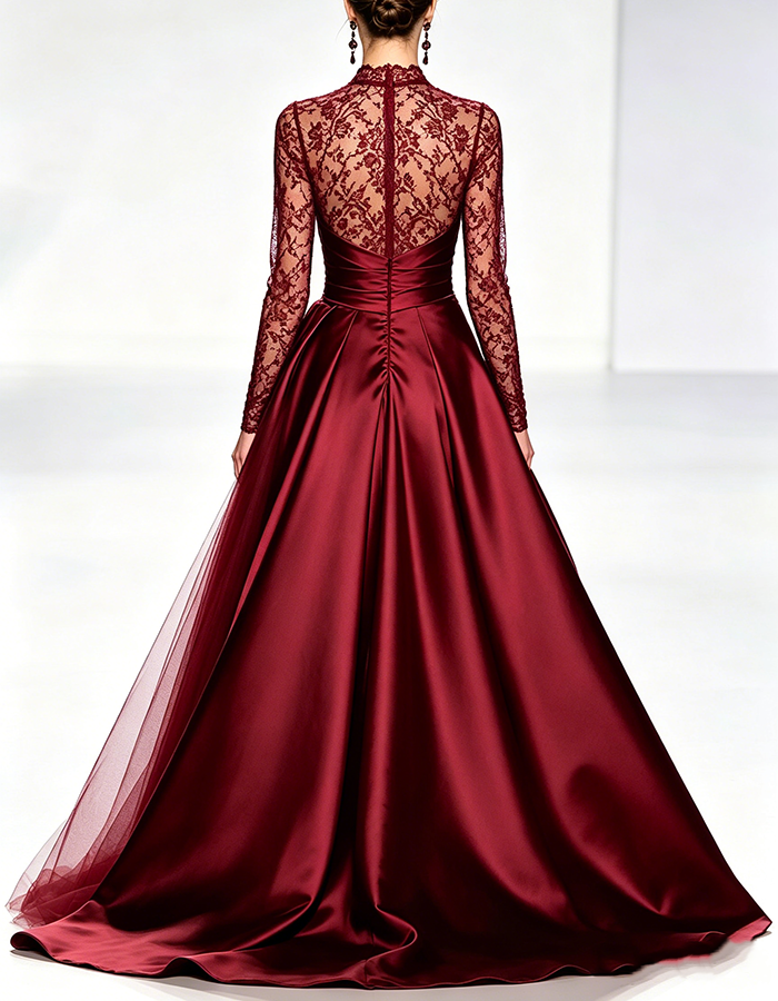 Vestido maxi de corte A em cetim e tule, cor de vinho, com gola subida, mangas compridas em renda, efeito envelope e franzido