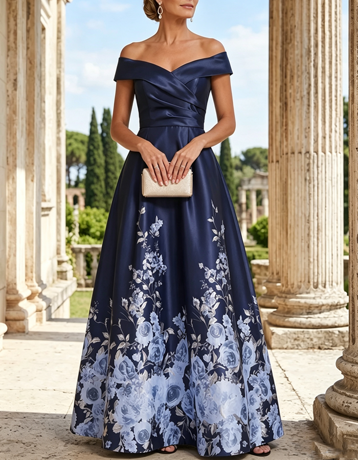Navy Satin Off‑the‑Shoulder Evening Gown With Watercolor Floral Print Maxi Dress