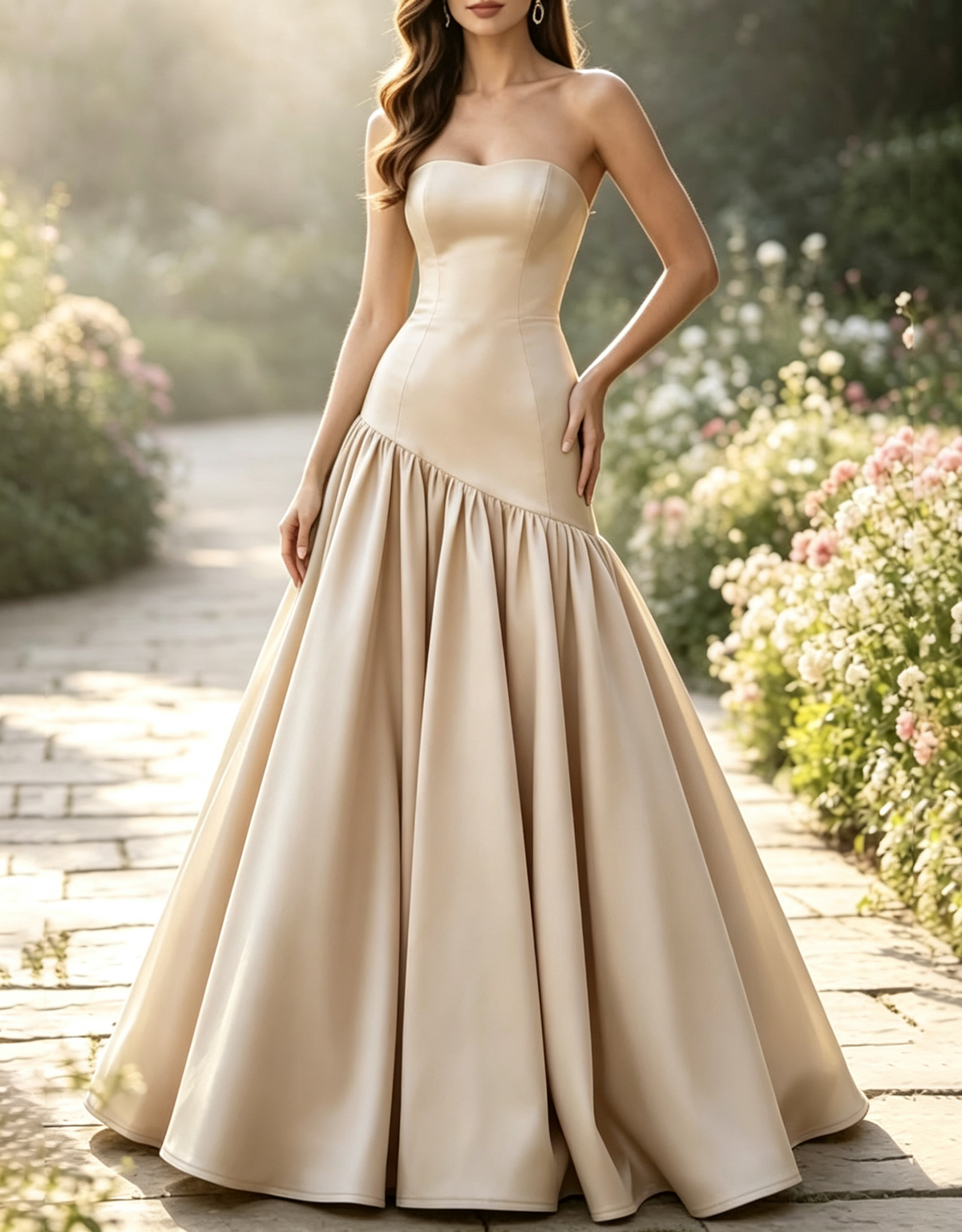 Vestido comprido formal de cetim, sem alças, com costura diagonal franzida e corte em linha A
