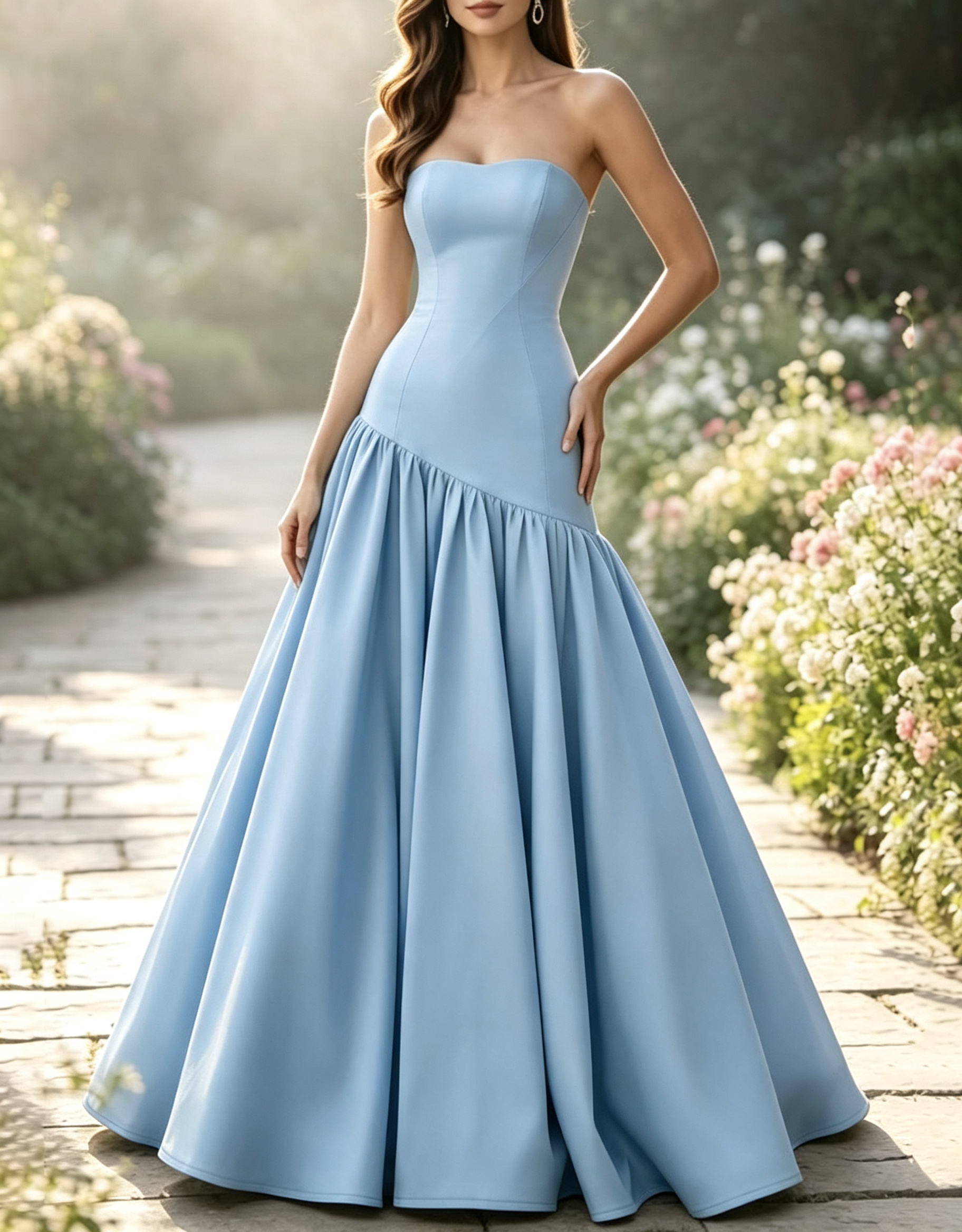 Vestido comprido formal de cetim, sem alças, com costura diagonal franzida e corte em linha A