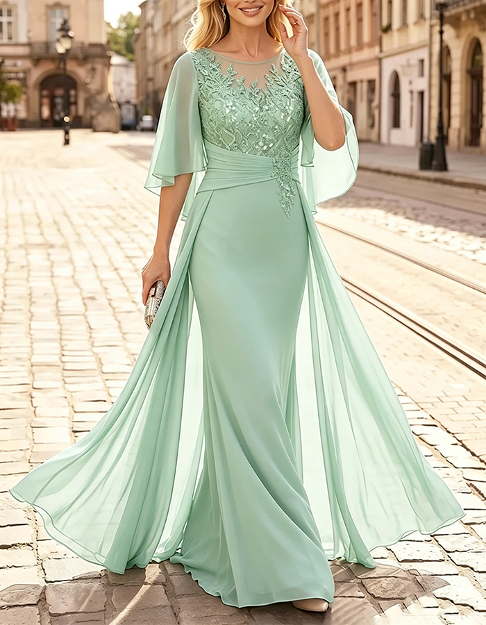 Vestido maxi de chiffon estilo sereia, com decote ilusão lavanda, mangas-capa esvoaçantes e aplicações de lantejoulas