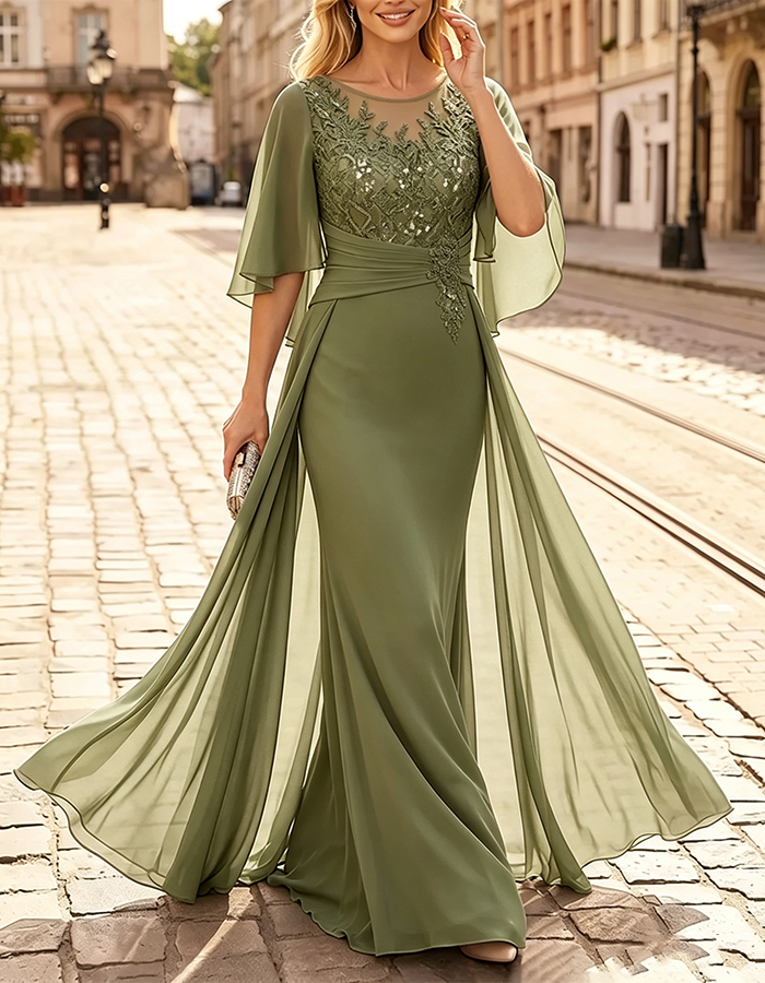 Vestido maxi de chiffon estilo sereia, com decote ilusão lavanda, mangas-capa esvoaçantes e aplicações de lantejoulas
