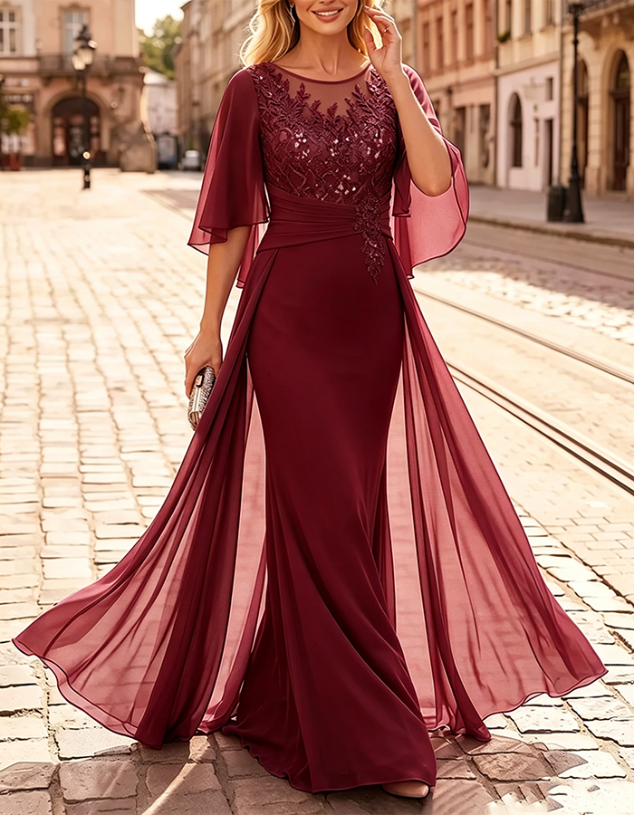 Vestido maxi de chiffon estilo sereia, com decote ilusão lavanda, mangas-capa esvoaçantes e aplicações de lantejoulas