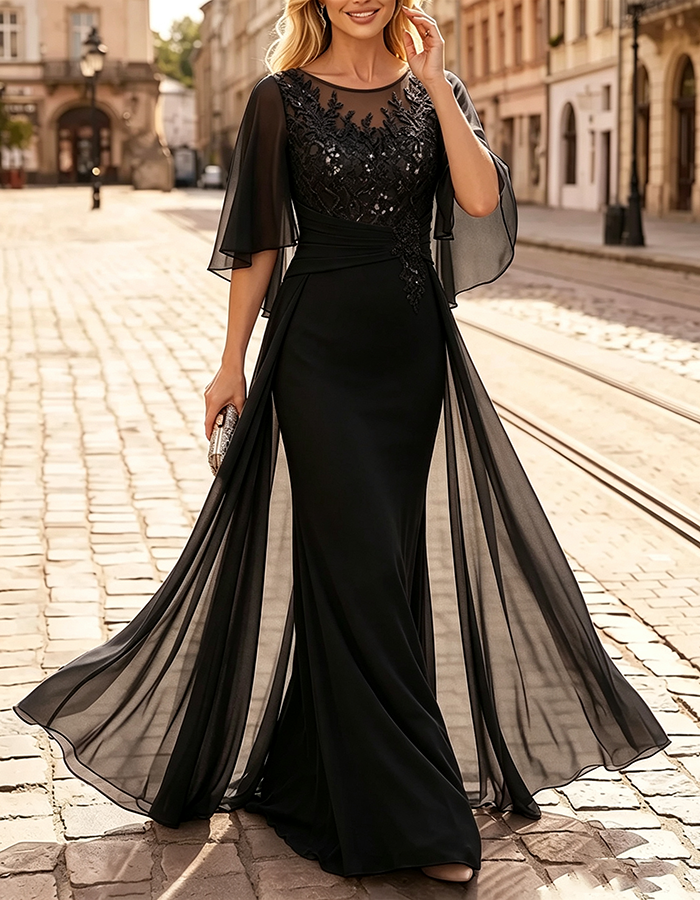 Vestido maxi de chiffon estilo sereia, com decote ilusão lavanda, mangas-capa esvoaçantes e aplicações de lantejoulas