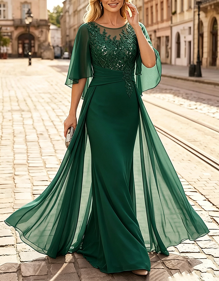 Vestido maxi de chiffon estilo sereia, com decote ilusão lavanda, mangas-capa esvoaçantes e aplicações de lantejoulas