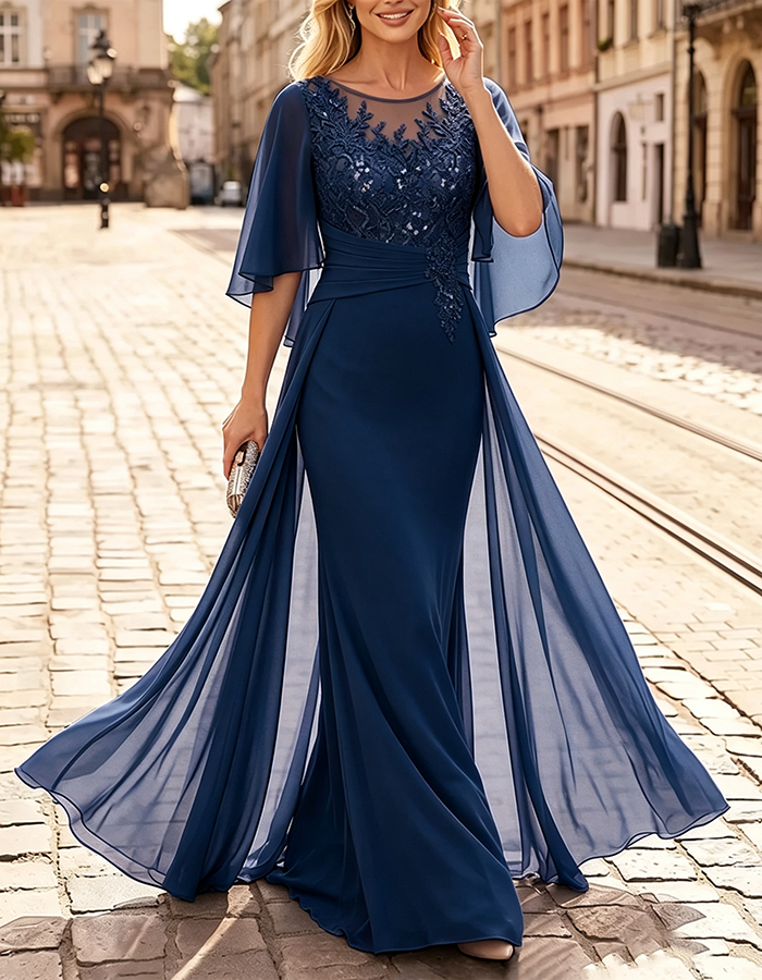 Vestido maxi de chiffon estilo sereia, com decote ilusão lavanda, mangas-capa esvoaçantes e aplicações de lantejoulas