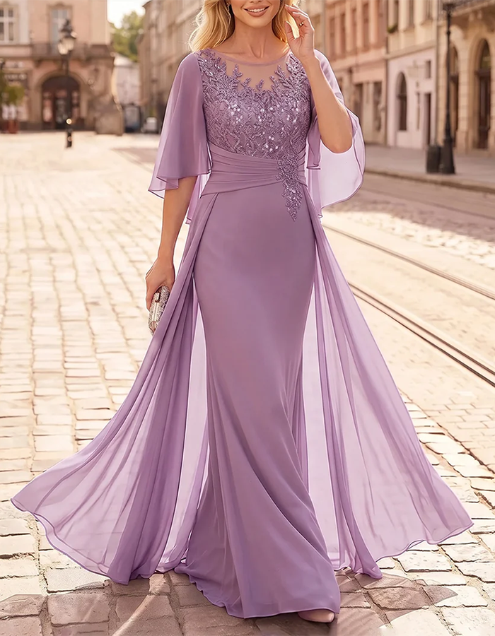 Vestido maxi de chiffon estilo sereia, com decote ilusão lavanda, mangas-capa esvoaçantes e aplicações de lantejoulas