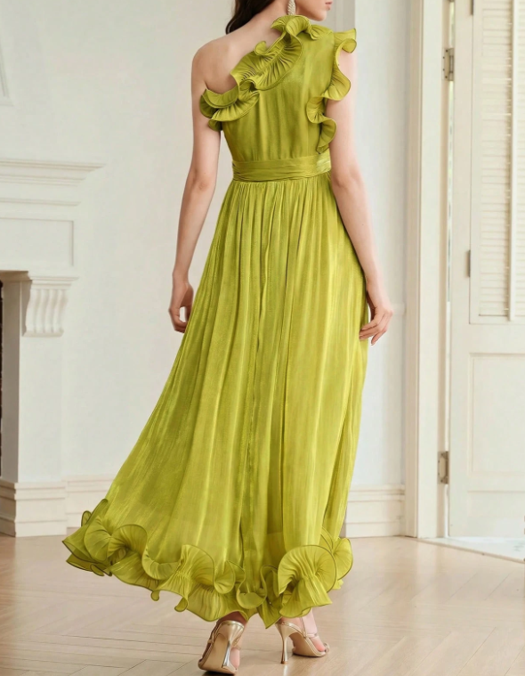 Vestido de noite midi em chiffon com folhos, decote de um ombro e corte em linha A