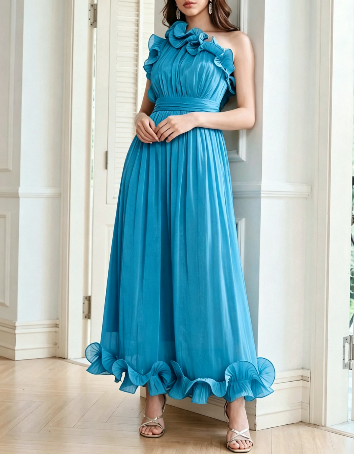 Vestido de noite midi em chiffon com folhos, decote de um ombro e corte em linha A